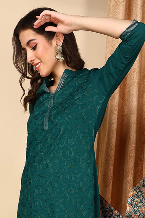 Plus Size Teal Green Pure Cotton Floral Embroidered Straight Suit Set